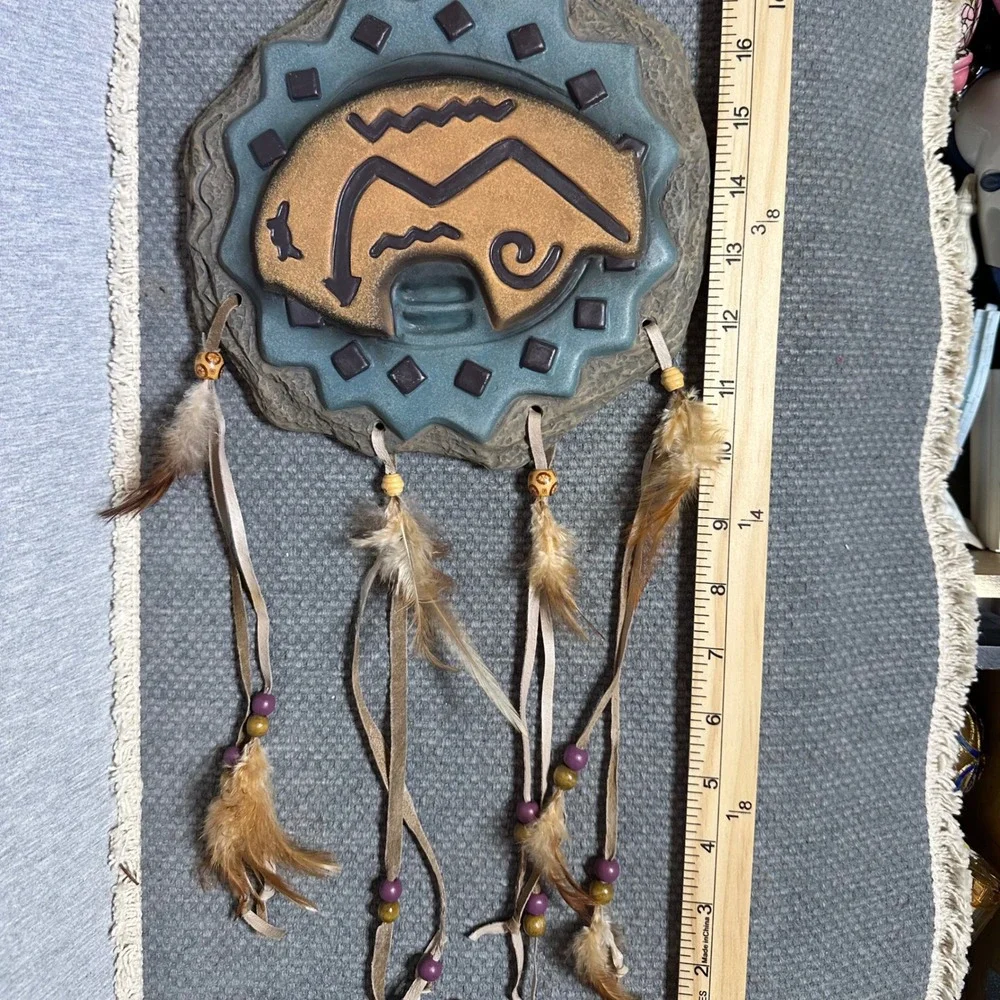Southwestern Buffalo Bear Wall Art Set Resin Petroglyph Plaques Feathers Beads